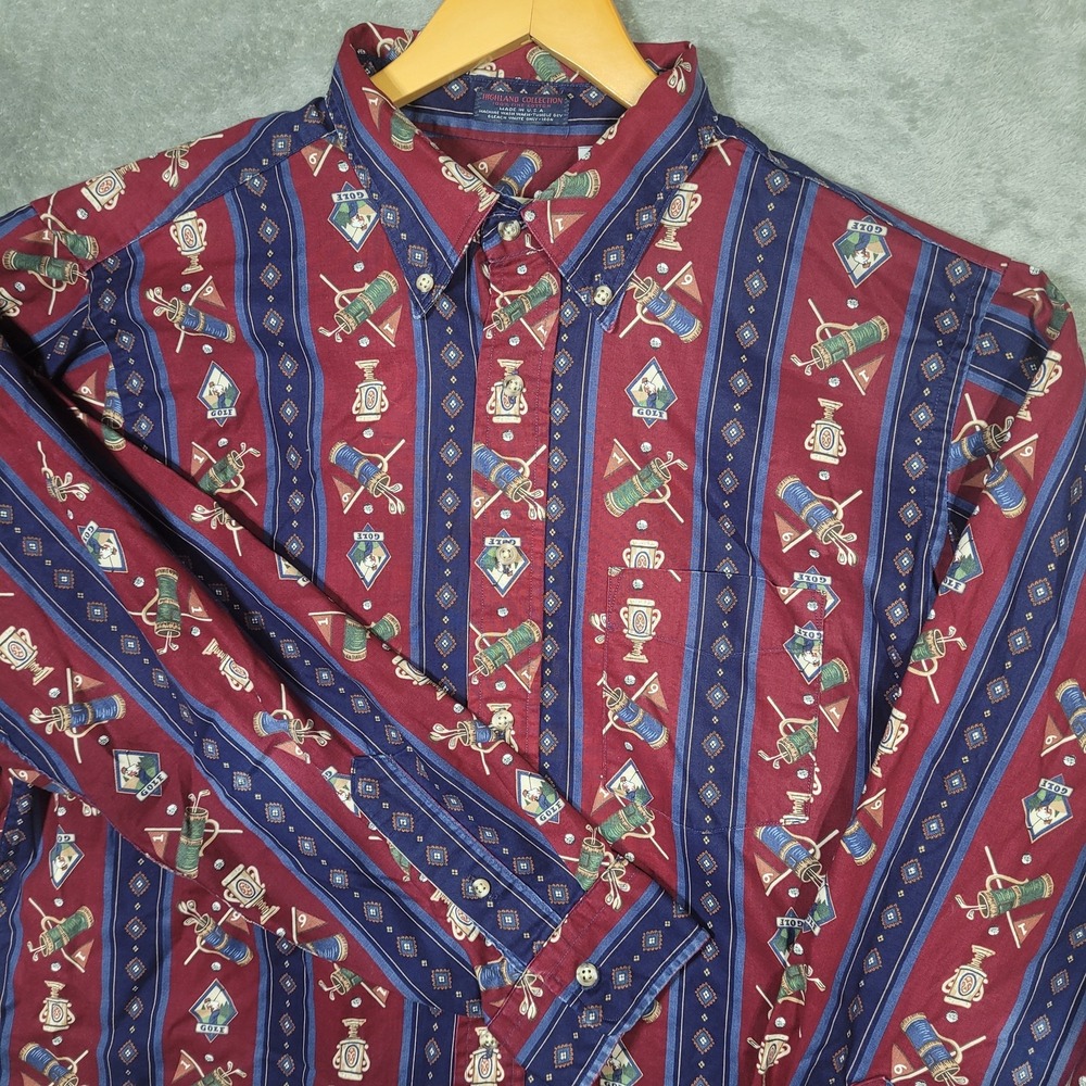 Vintage Bridgeport Shirt Mens XL Red Blue Golf Trophy Clubs Print USA 90s Cotton